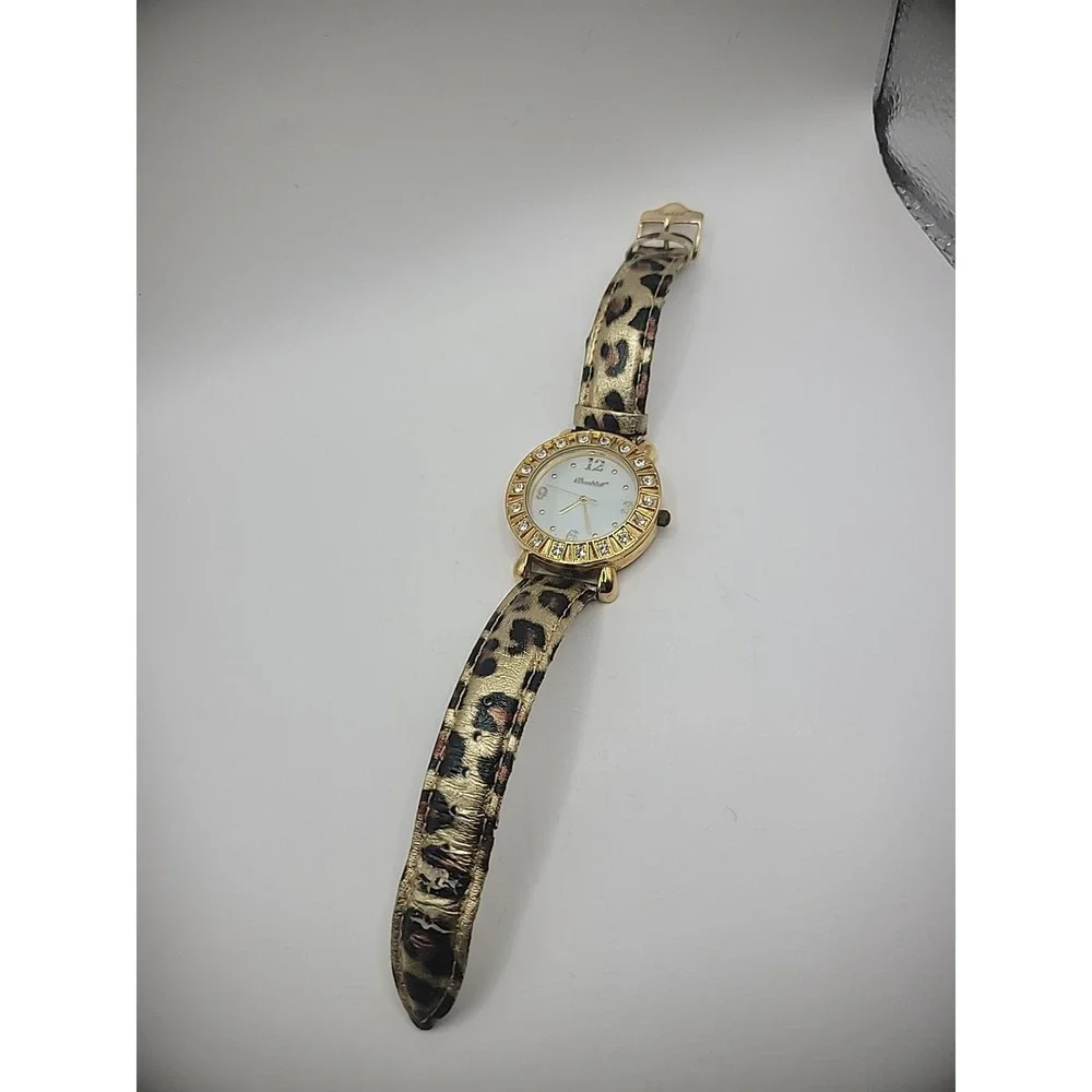 Vintage Bombshell Wristwatch Watch Leopard Print Strap Rhinestones Jewelry